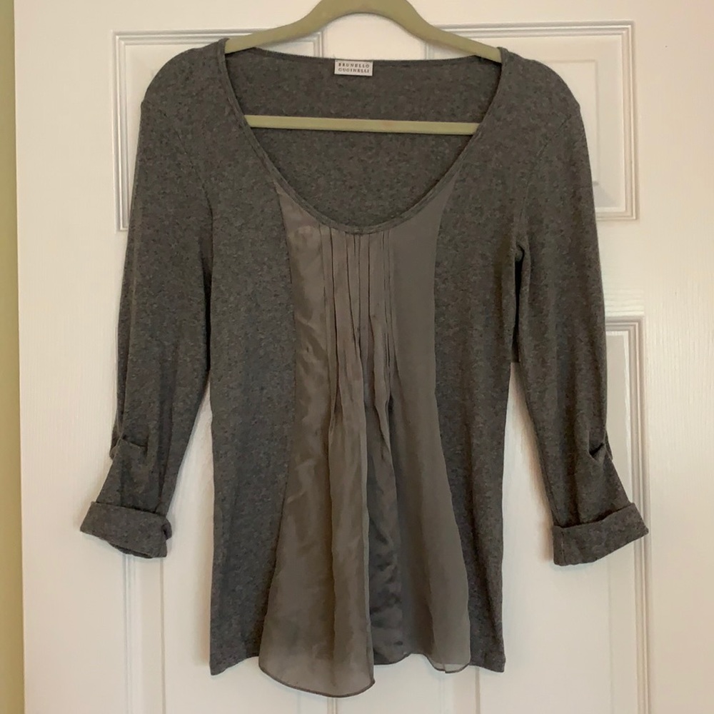 Brunello Cucinelli Gray Knit Top with Silk Front Panel